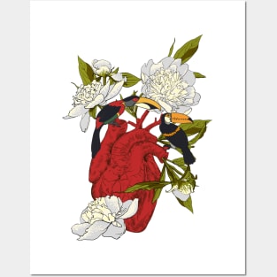 Heart with Flowers, Leaves and Birds Posters and Art